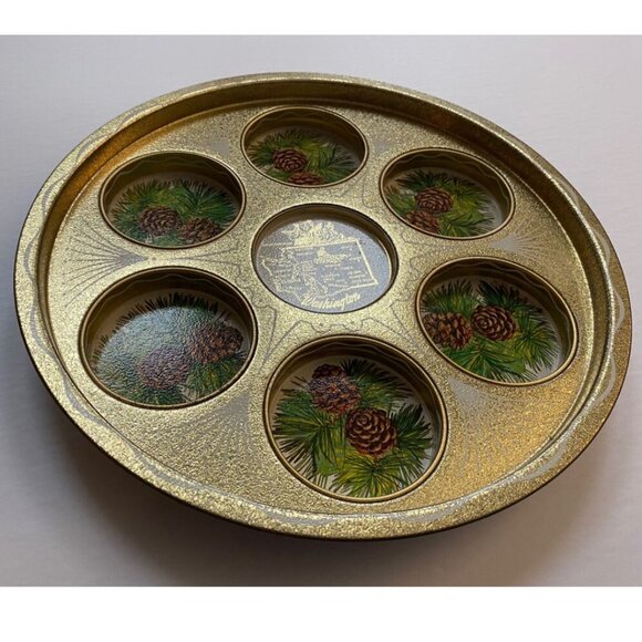 Vintage Tin Serving Tray Drink Holder Circular 70s Home Decor Washington - Picture 2 of 5
